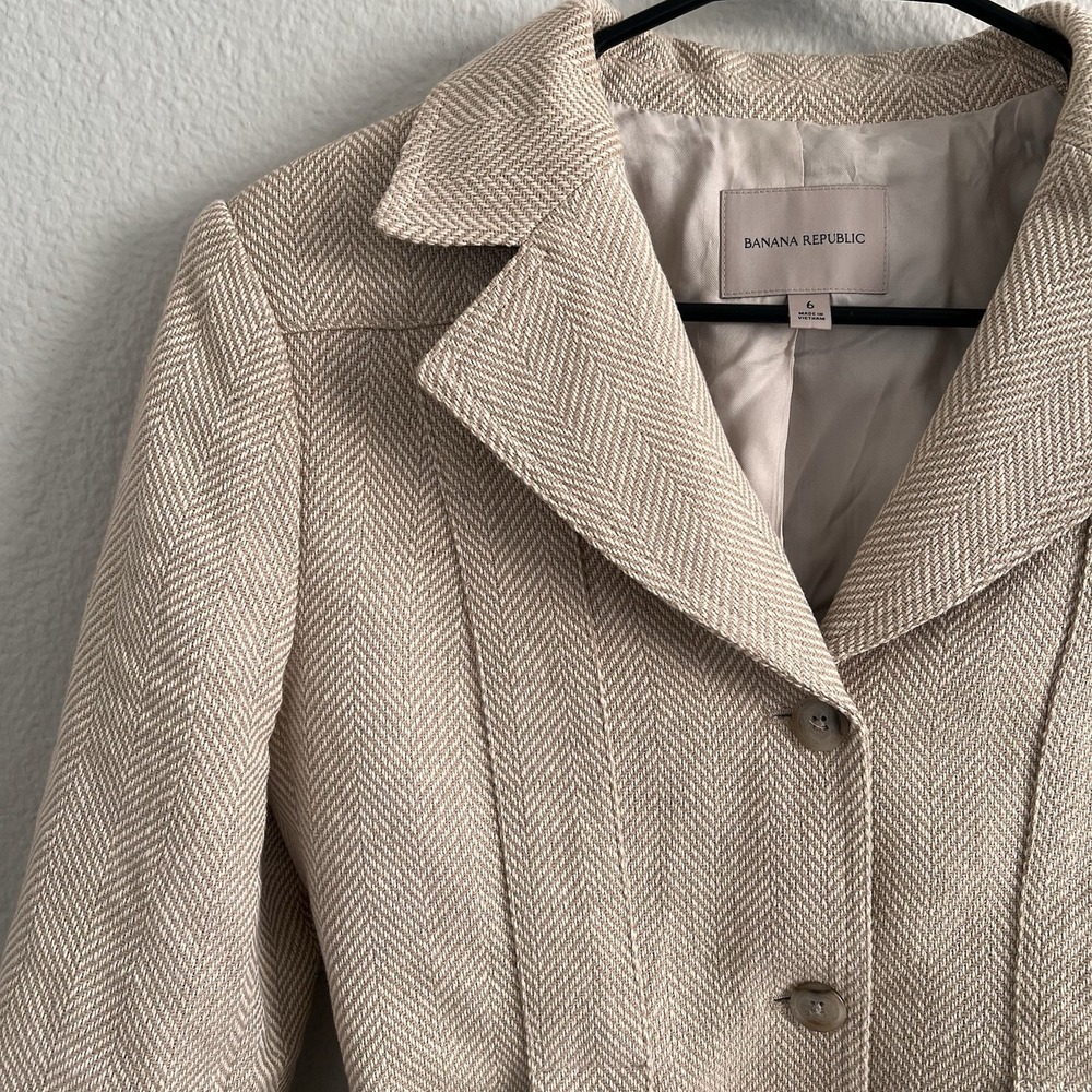 Banana Republic Women's Sz 6 Norfolk Linen Blend Jacket Coat Herringbone - Picture 3 of 10